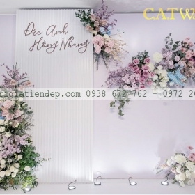 BACKDROP CƯỚI HOA LỤA TONE HỒNG TÍM